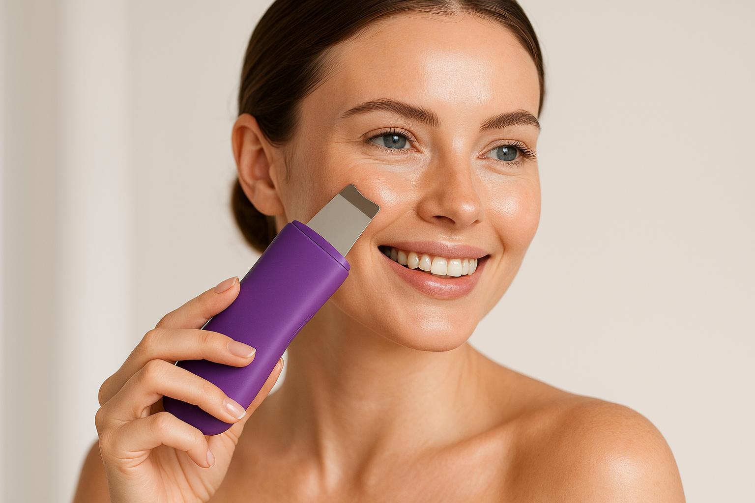 A beautiful white woman with blue eyes smiling while using a purple-colored ultrasonic facial scrubber. 