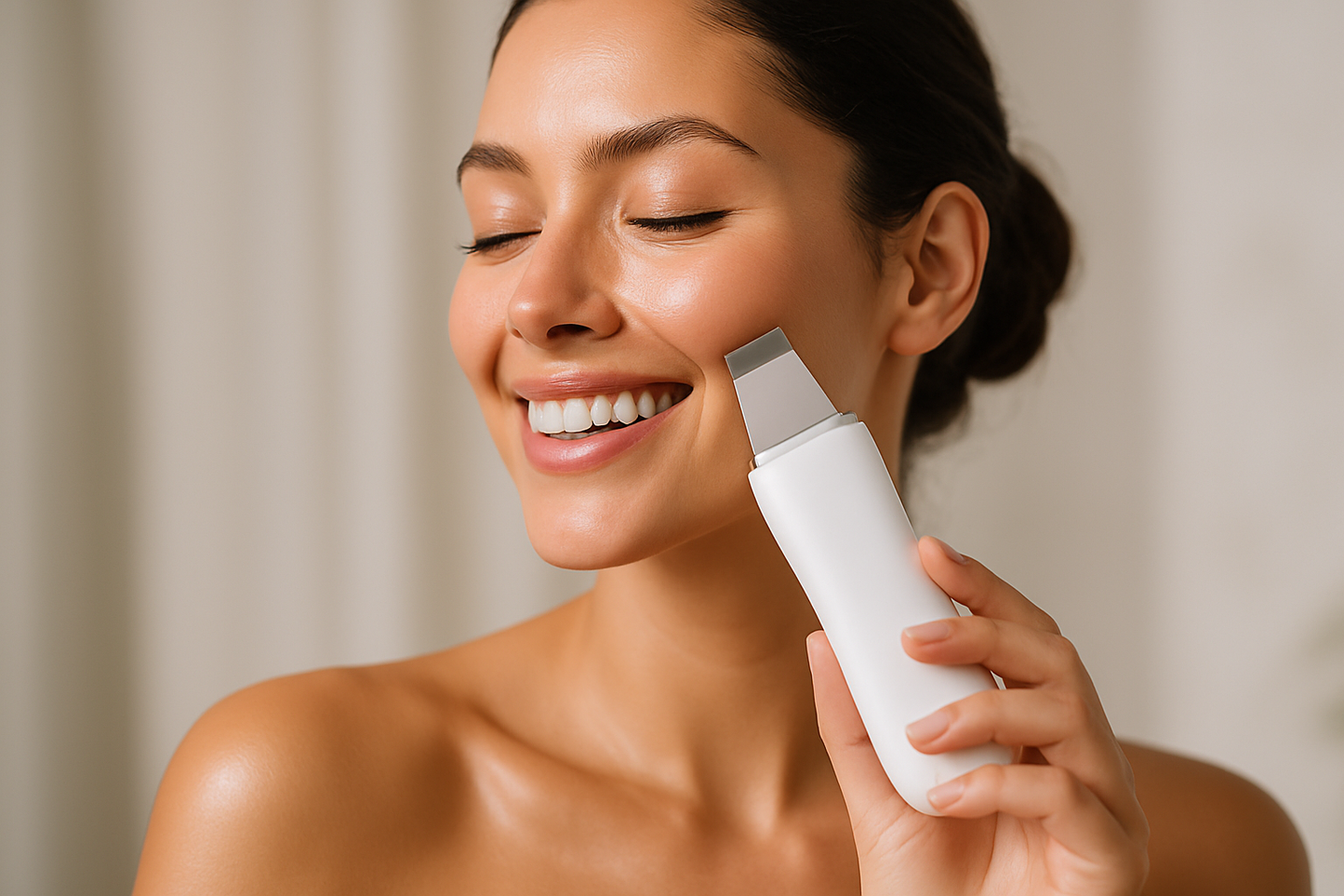A beautiful woman smiling while using a white-colored ultrasonic facial scrubber.