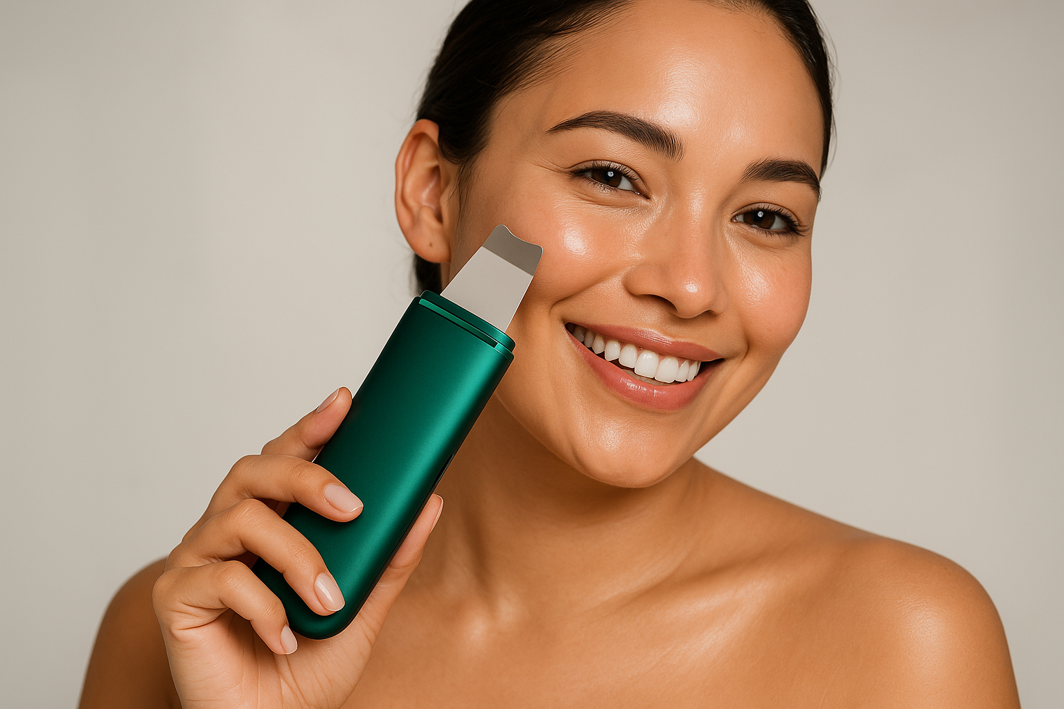 A beautiful woman smiling while using an emerald-colored ultrasonic facial scrubber.